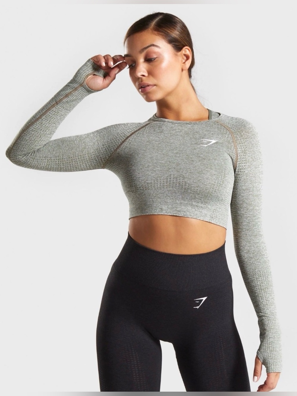 Gymshark VITAL Crop Top Marled Sage Olive Green XS #083 Thumb Holes